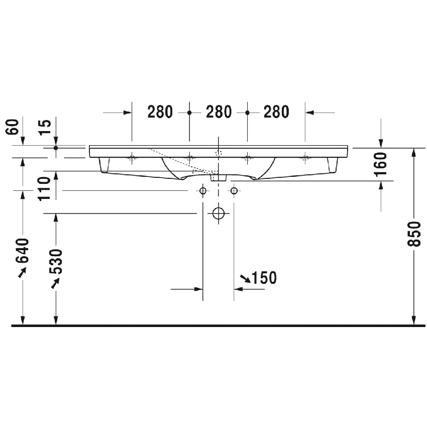 Immagine di Duravit P3 COMFORTS lavabo consolle 125 cm, monoforo, con troppopieno, con bordo per rubinetteria, WonderGliss, colore bianco 23321200001