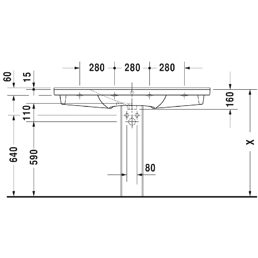 Immagine di Duravit P3 COMFORTS lavabo consolle 125 cm, monoforo, con troppopieno, con bordo per rubinetteria, WonderGliss, colore bianco 23321200001