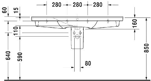 Immagine di Duravit P3 COMFORTS lavabo consolle 125 cm, monoforo, con troppopieno, con bordo per rubinetteria, WonderGliss, colore bianco 23321200001