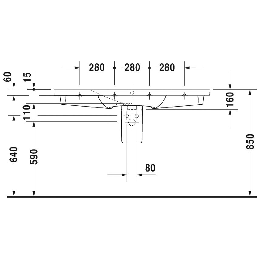Immagine di Duravit P3 COMFORTS lavabo consolle 125 cm, monoforo, con troppopieno, con bordo per rubinetteria, WonderGliss, colore bianco 23321200001