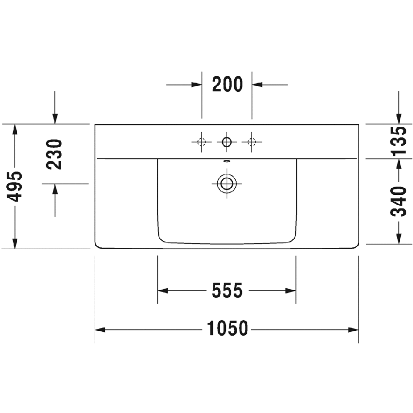 Immagine di Duravit P3 COMFORTS lavabo consolle 105 cm, monoforo, con troppopieno, con bordo per rubinetteria, colore bianco 2332100000