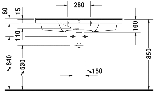 Immagine di Duravit P3 COMFORTS lavabo consolle 105 cm, monoforo, con troppopieno, con bordo per rubinetteria, colore bianco 2332100000
