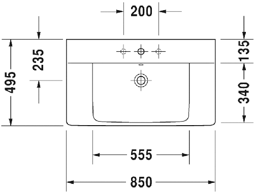 Immagine di Duravit P3 COMFORTS lavabo consolle 85 cm, monoforo, con troppopieno, con bordo per rubinetteria, WonderGliss, colore bianco 23328500001