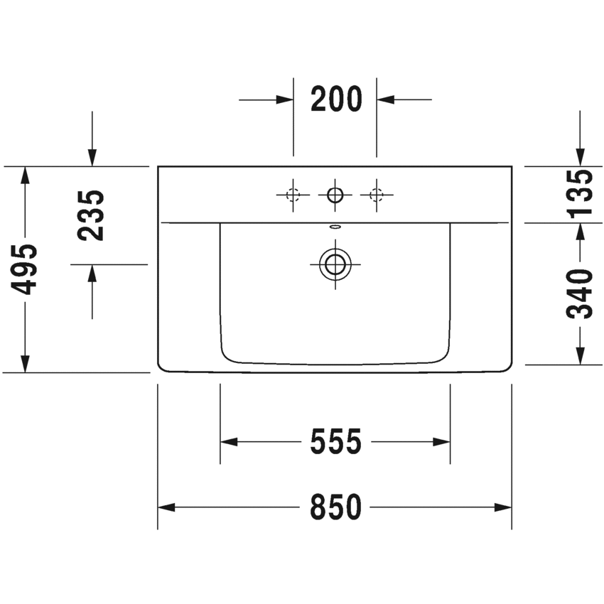 Immagine di Duravit P3 COMFORTS lavabo consolle 85 cm, monoforo, con troppopieno, con bordo per rubinetteria, WonderGliss, colore bianco 23328500001