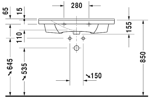Immagine di Duravit P3 COMFORTS lavabo consolle 85 cm, monoforo, con troppopieno, con bordo per rubinetteria, WonderGliss, colore bianco 23328500001