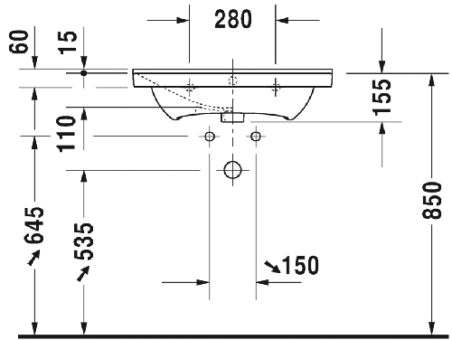 Immagine di Duravit P3 COMFORTS lavabo consolle 65 cm, monoforo, con troppopieno, con bordo per rubinetteria, lato inferiore smaltato, WonderGliss, colore bianco 23326500001