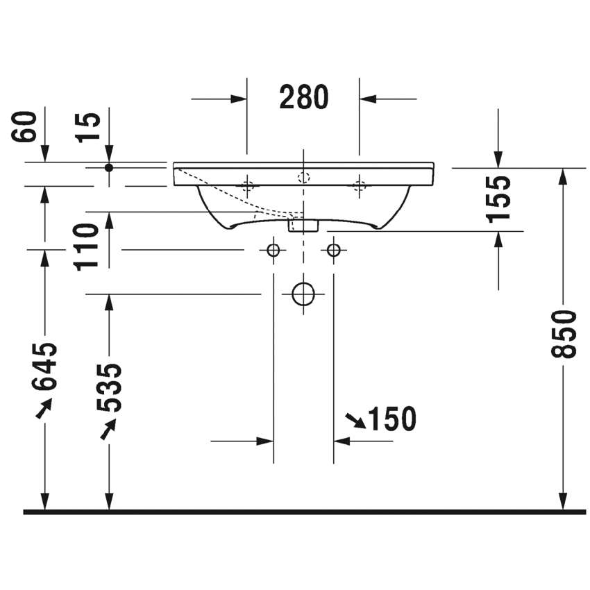 Immagine di Duravit P3 COMFORTS lavabo consolle 65 cm, monoforo, con troppopieno, con bordo per rubinetteria, lato inferiore smaltato, WonderGliss, colore bianco 23326500001