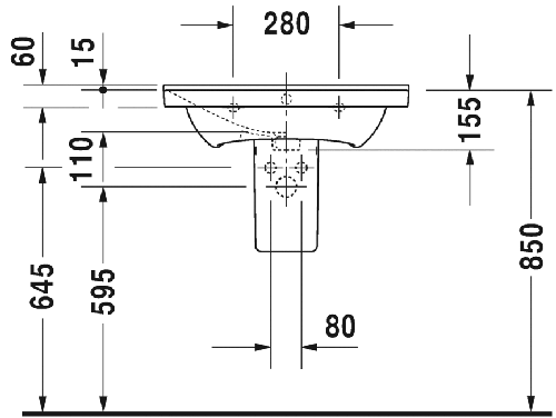 Immagine di Duravit P3 COMFORTS lavabo consolle 65 cm, monoforo, con troppopieno, con bordo per rubinetteria, lato inferiore smaltato, WonderGliss, colore bianco 23326500001