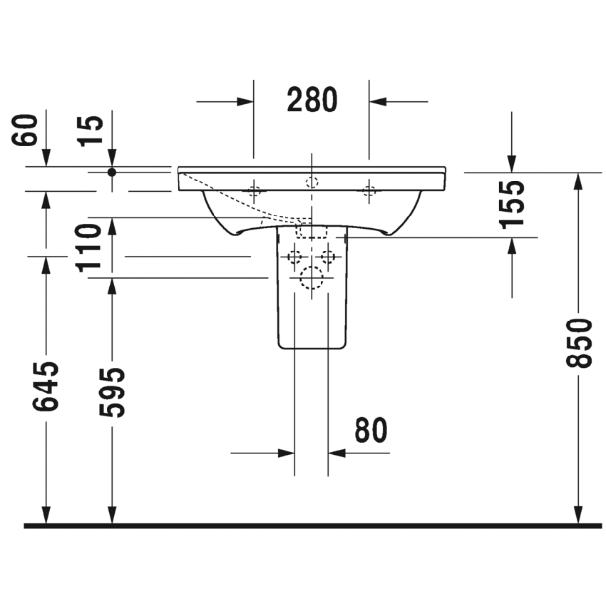 Immagine di Duravit P3 COMFORTS lavabo consolle 65 cm, monoforo, con troppopieno, con bordo per rubinetteria, lato inferiore smaltato, WonderGliss, colore bianco 23326500001
