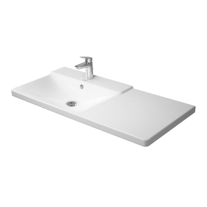 Immagine di Duravit P3 COMFORTS lavabo consolle asimmetrico 105 cm, monoforo, con troppopieno, con bordo per rubinetteria, bacino a sinistra, colore bianco 2333100000