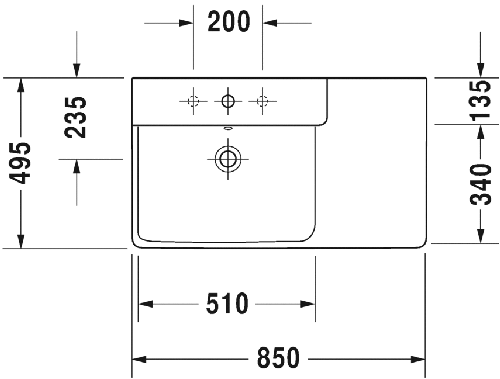 Immagine di Duravit P3 COMFORTS lavabo consolle asimmetrico 85 cm, monoforo, con troppopieno, con bordo per rubinetteria, bacino a sinistra, colore bianco 2333850000