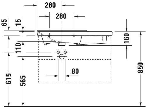 Immagine di Duravit P3 COMFORTS lavabo consolle asimmetrico 85 cm, monoforo, con troppopieno, con bordo per rubinetteria, bacino a sinistra, colore bianco 2333850000