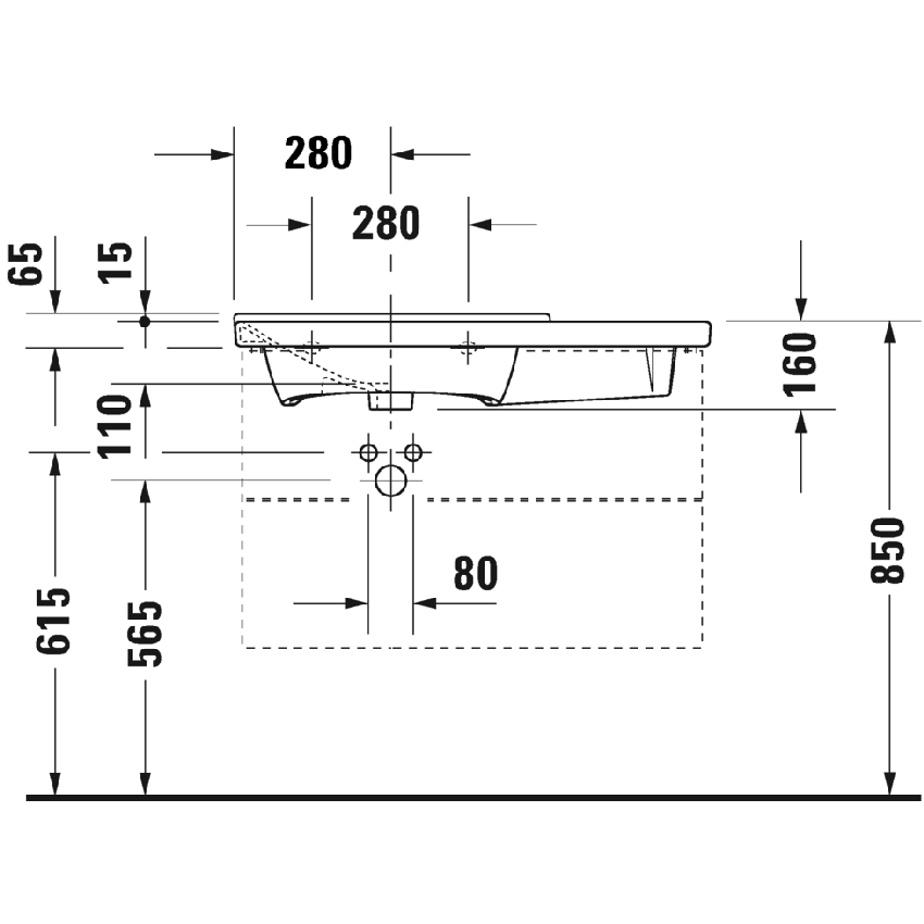 Immagine di Duravit P3 COMFORTS lavabo consolle asimmetrico 85 cm, monoforo, con troppopieno, con bordo per rubinetteria, bacino a sinistra, colore bianco 2333850000