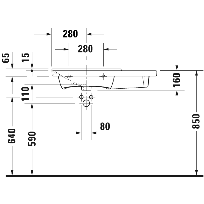 Immagine di Duravit P3 COMFORTS lavabo consolle asimmetrico 85 cm, monoforo, con troppopieno, con bordo per rubinetteria, bacino a sinistra, colore bianco 2333850000