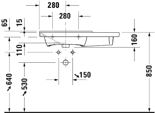 Immagine di Duravit P3 COMFORTS lavabo consolle asimmetrico 85 cm, monoforo, con troppopieno, con bordo per rubinetteria, bacino a sinistra, colore bianco 2333850000