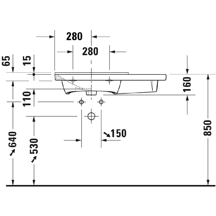 Immagine di Duravit P3 COMFORTS lavabo consolle asimmetrico 85 cm, monoforo, con troppopieno, con bordo per rubinetteria, bacino a sinistra, colore bianco 2333850000