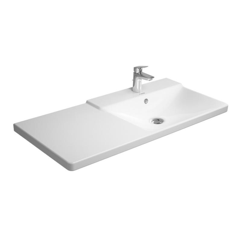 Immagine di Duravit P3 COMFORTS lavabo consolle asimmetrico 125 cm, monoforo, con troppopieno, con bordo per rubinetteria, bacino a destra, colore bianco 2334120000
