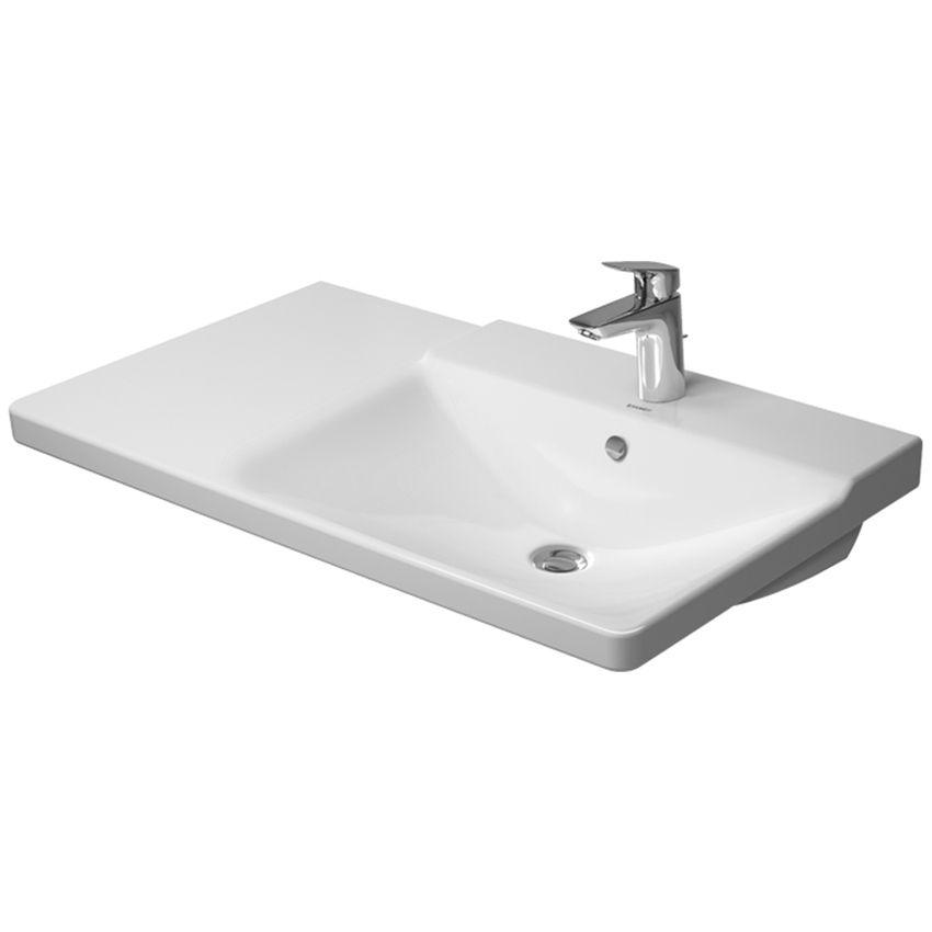 Immagine di Duravit P3 COMFORTS lavabo consolle asimmetrico 85 cm, monoforo, con troppopieno, con bordo per rubinetteria, bacino a destra, colore bianco 2334850000