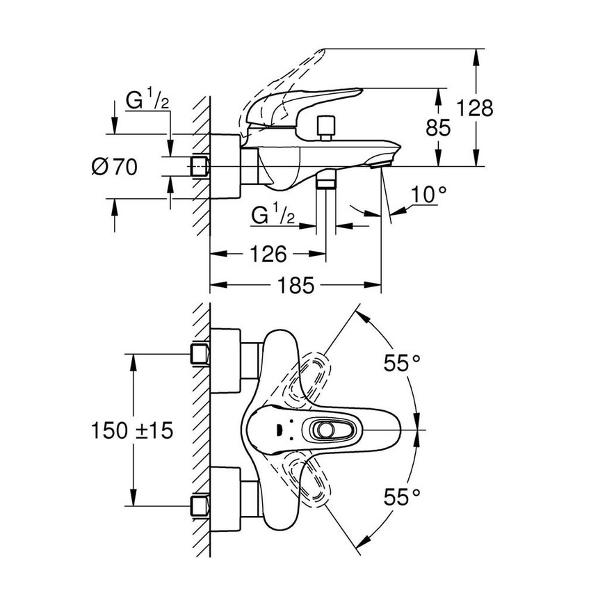 Immagine di Grohe EUROSTYLE miscelatore monocomando per vasca o doccia, a parete, con deviatore automatico, limitatore di portata e di temperatura, finitura cromo 33591003