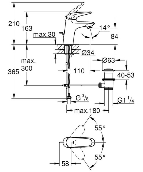 Immagine di Grohe EUROSTYLE miscelatore monocomando H.16 cm, per lavabo, con risparmio idrico e scarico, finitura cromo 23707003