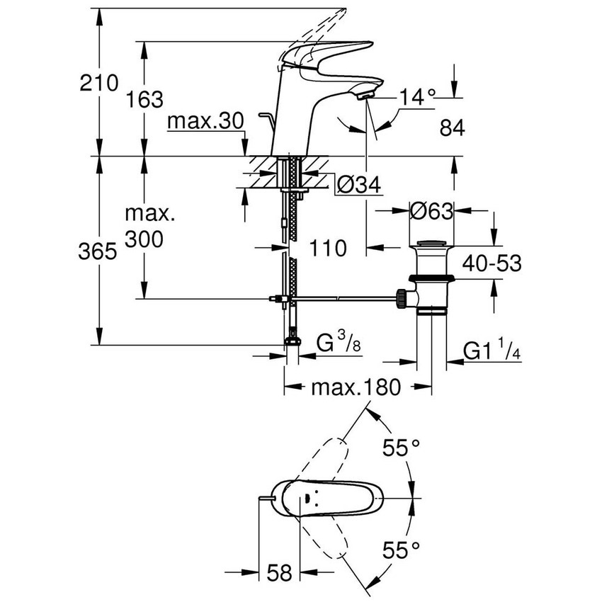 Immagine di Grohe EUROSTYLE miscelatore monocomando H.16 cm, per lavabo, con risparmio idrico e scarico, finitura cromo 23707003