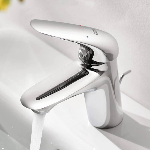Immagine di Grohe EUROSTYLE miscelatore monocomando H.16 cm, per lavabo, con risparmio idrico e scarico, finitura cromo 23707003