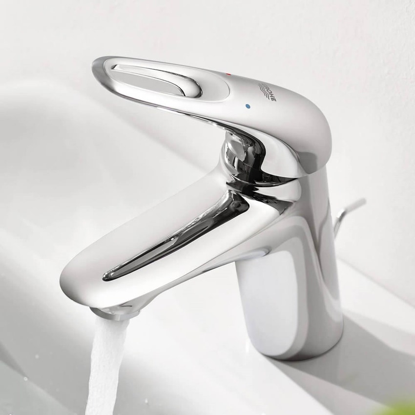 Immagine di Grohe EUROSTYLE miscelatore monocomando H.16 cm, per lavabo, con scarico e risparmio idrico, finitura cromo 33558003