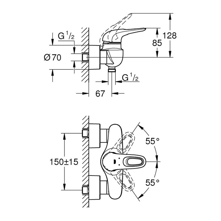 Immagine di Grohe EUROSTYLE miscelatore monocomando per doccia, a parete, con limitatore di portata e di temperatura, finitura cromo 33590003