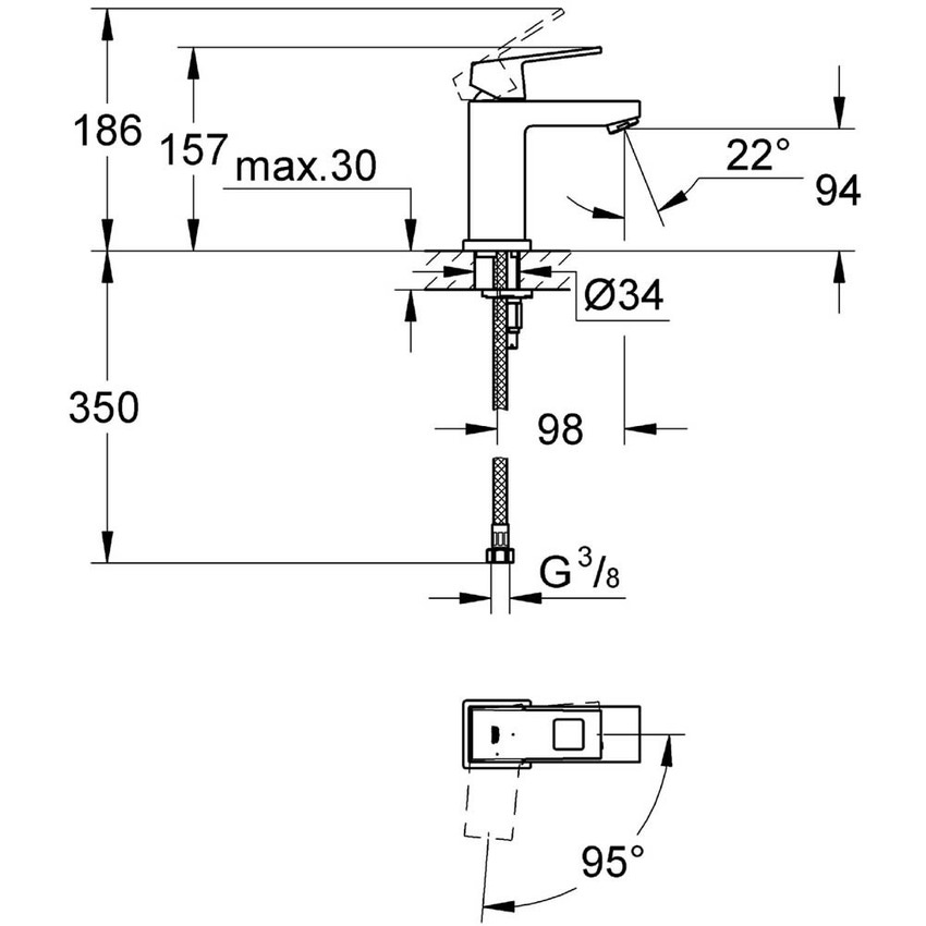 Immagine di Grohe EUROCUBE miscelatore monocomando H.16 cm, per lavabo, senza scarico, con risparmio energetico, finitura cromo 2339200E
