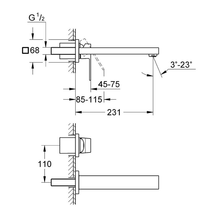 Immagine di Grohe EUROCUBE miscelatore a 2 fori, per lavabo, bocca P.23 cm, senza corpo incasso, finitura cromo 23447000