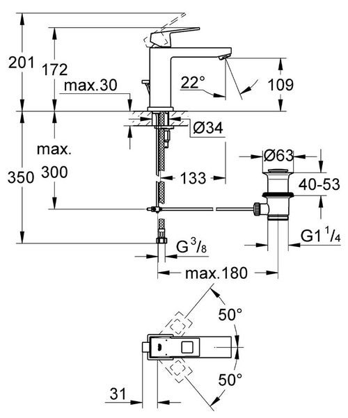 Immagine di Grohe EUROCUBE miscelatore monocomando H.17 cm, per lavabo, bocca P.13 cm, con scarico e risparmio idrico, finitura cromo 23445000