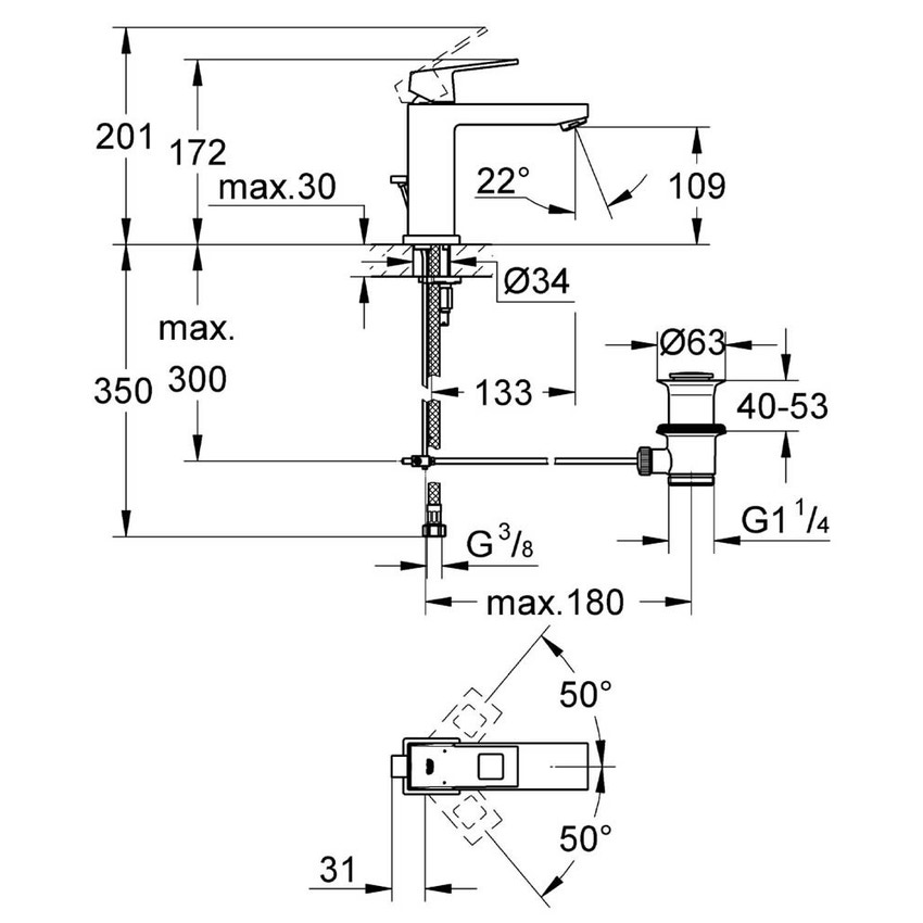 Immagine di Grohe EUROCUBE miscelatore monocomando H.17 cm, per lavabo, bocca P.13 cm, con scarico e risparmio idrico, finitura cromo 23445000