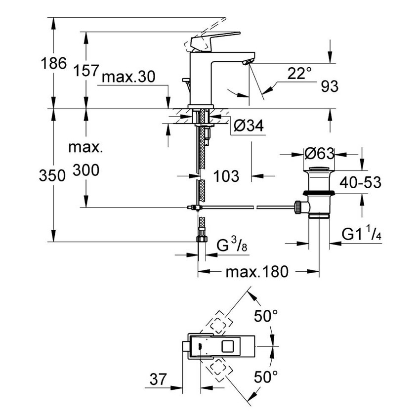 Immagine di Grohe EUROCUBE miscelatore monocomando H.16 cm, per lavabo, con scarico e risparmio idrico, finitura cromo 2312700E