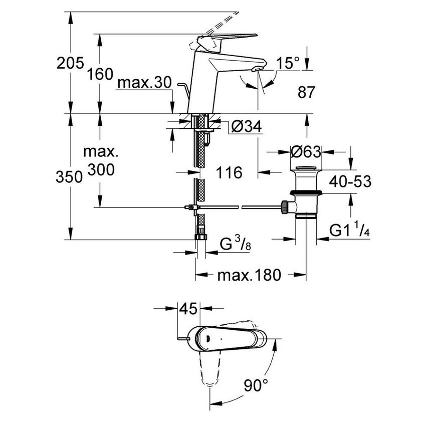 Immagine di Grohe EURODISC COSMOPOLITAN miscelatore monocomando H.16 cm, per lavabo, con scarico, finitura cromo 2338420E