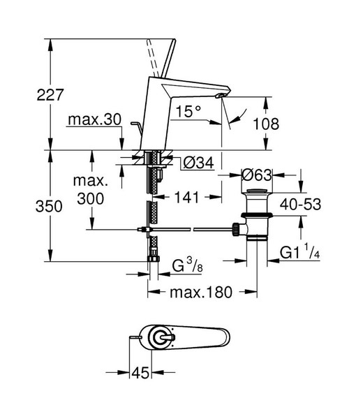 Immagine di Grohe Rubinetto da bagno GROHE Eurodisc Joy, scarico a saltarello, bocca medio-alta, GROHE EcoJoy®, GROHE StarLight® finitura cromo 23427000