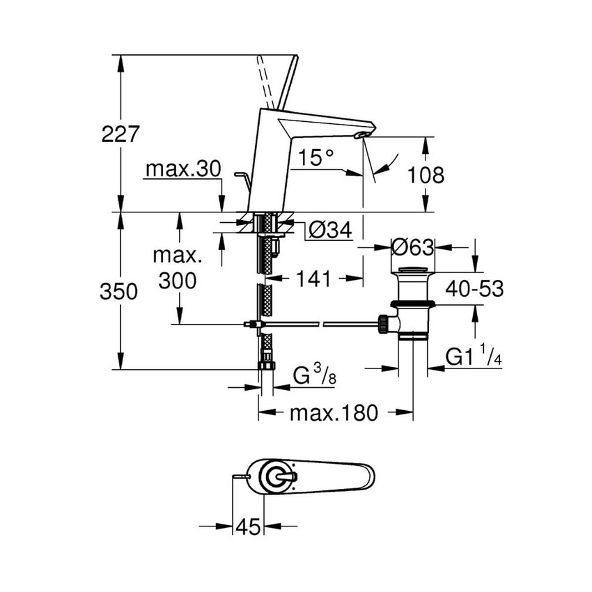 Immagine di Grohe Rubinetto da bagno GROHE Eurodisc Joy, scarico a saltarello, bocca medio-alta, GROHE EcoJoy®, GROHE StarLight® finitura cromo 23427000