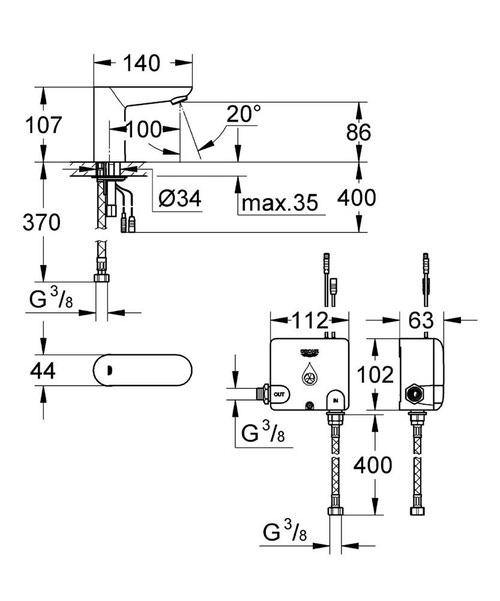 Immagine di Grohe EUROECO COSMOPOLITAN E POWERBOX rubinetto elettronico per lavabo, con comandi ad infrarossi, sensore IR bi-direzionale per il controllo dei parametri, finitura cromo 36384000