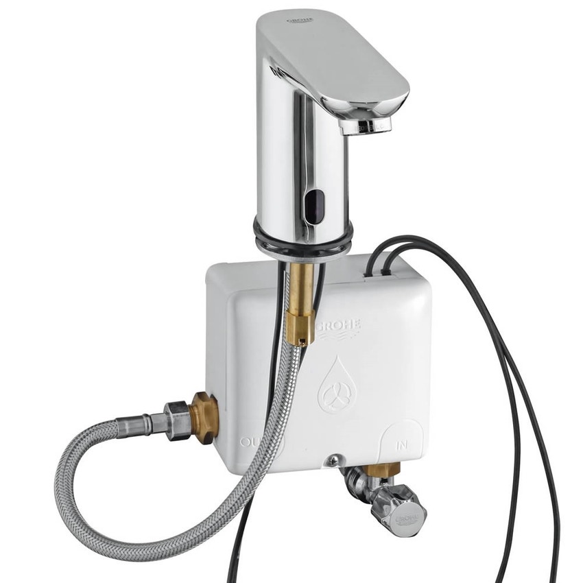 Immagine di Grohe EUROECO COSMOPOLITAN E POWERBOX rubinetto elettronico per lavabo, con comandi ad infrarossi, sensore IR bi-direzionale per il controllo dei parametri, finitura cromo 36384000