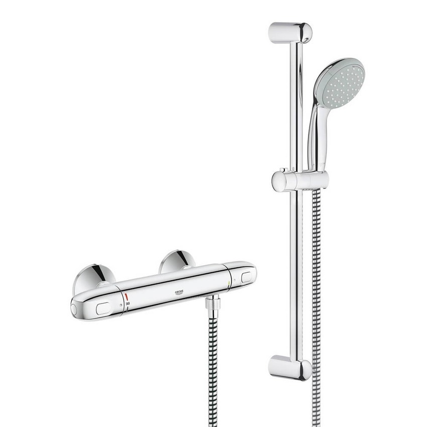 Immagine di Grohe Grohtherm 1000 New Termostatico per doccia con set doccia GROHE New Tempesta 100, asta doccia da 600 mm finitura cromo 34151003