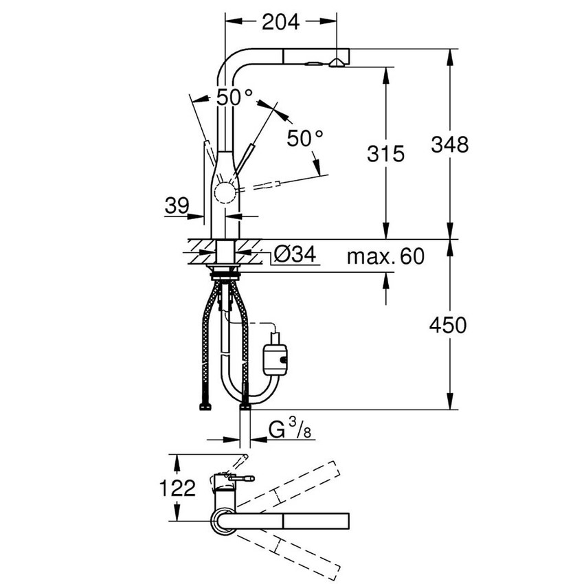 Immagine di Grohe Essence New miscelatore monocomando Lavello, bocca alta, raggio di rotazione di 360°, pratica doccetta estraibile in metallo, finitura opaca 30270DC0