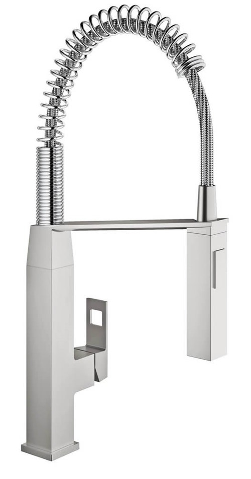 Immagine di Grohe EUROCUBE miscelatore monocomando H.55 cm per lavello professional, doccetta professionale, con bocca girevole, finitura satinato super steel 31395DC0