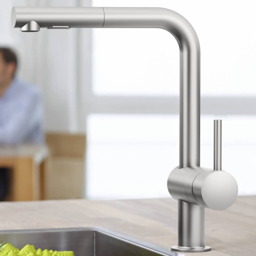Immagine di Grohe MINTA miscelatore monocomando H.33 cm per lavello, con bocca girevole, finitura satinato super steel 30274DC0