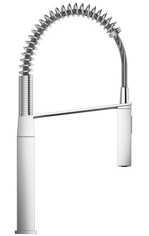 Immagine di Grohe EUROCUBE miscelatore monocomando H.55 cm per lavello professional, doccetta professionale, con bocca girevole, finitura cromo 31395000
