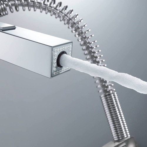 Immagine di Grohe EUROCUBE miscelatore monocomando H.55 cm per lavello professional, doccetta professionale, con bocca girevole, finitura cromo 31395000