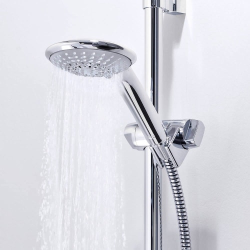 Immagine di Grohe EUPHORIA 110 CHAMPAGNE set asta doccia a 3 getti, con manopola doccia Champagne 27222, asta doccia H.60 cm, flessibile 175 cm e mensola porta oggetti, finitura cromo 27232001