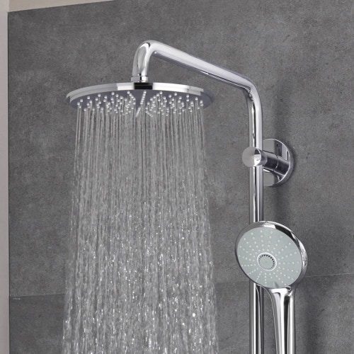 Immagine di Grohe EUPHORIA SYSTEM 210 sistema doccia con miscelatore termostatico, braccio soffione orientabile, soffione doccia, manopola doccia e flessibile 175 cm, finitura cromo 27964000