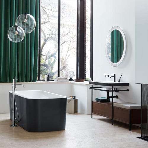 Immagine di Duravit HAPPY D.2 PLUS vasca centro stanza, con due schienali inclinati, con pannello in acrilico integrato e piedi, interno colore bianco finitura lucido, esterno colore grigio grafite finitura opaco 700453800000000