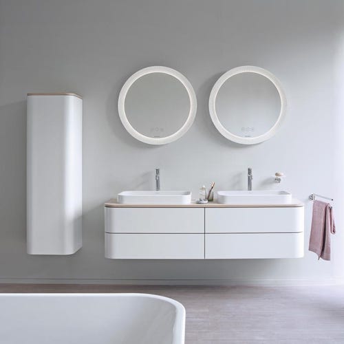 Immagine di Duravit HAPPY D.2 PLUS base sottolavabo sospesa per consolle 160 cm, 4 cassetti, cassetto superiore con scasso per il sifone e coprisifone, colore bianco Nordic finitura opaco HP4974B3939