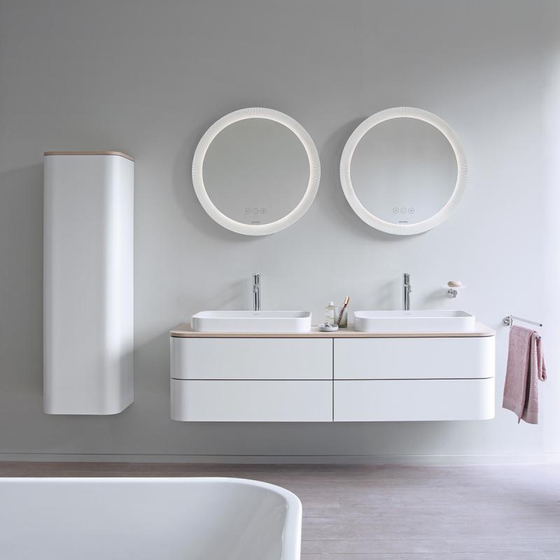 Immagine di Duravit HAPPY D.2 PLUS base sottolavabo sospesa per consolle 160 cm, 4 cassetti, cassetto superiore con scasso per il sifone e coprisifone, colore bianco Nordic finitura opaco HP4974B3939