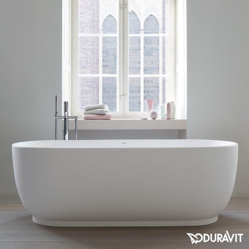 Immagine di Duravit LUV vasca centro stanza freestanding 180 cm, con pannello integrato e piedi, con due schienali inclinati, colonna di scarico speciale, colore bianco 700434000000000